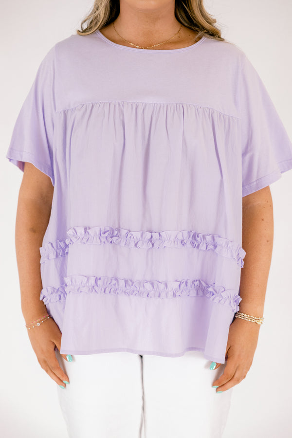 Chic Soul plus size clothing, light lavender short sleeve baby doll top with 2 rows of ruffles on the bottom