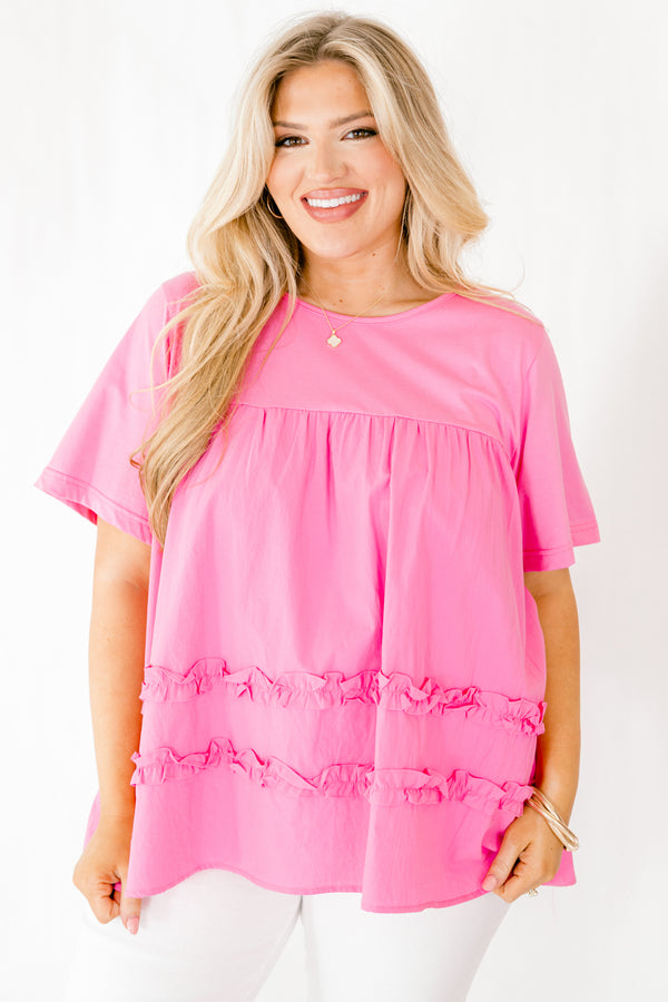 Chic Soul plus size clothing, pink short sleeve baby doll top with two ruffle stripe details towards the bottom of the shirt 