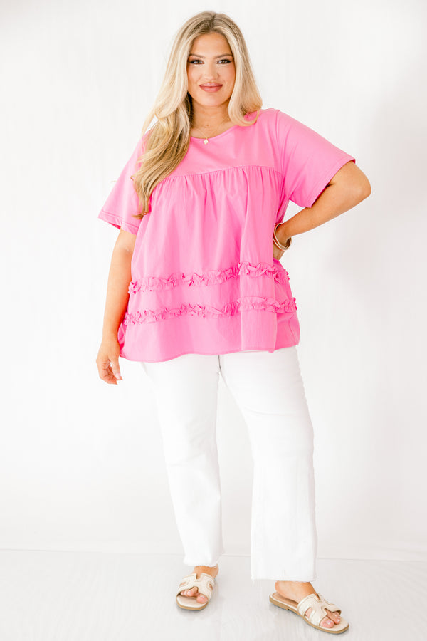 Chic Soul plus size clothing, pink short sleeve baby doll top with two ruffle stripe details towards the bottom of the shirt 