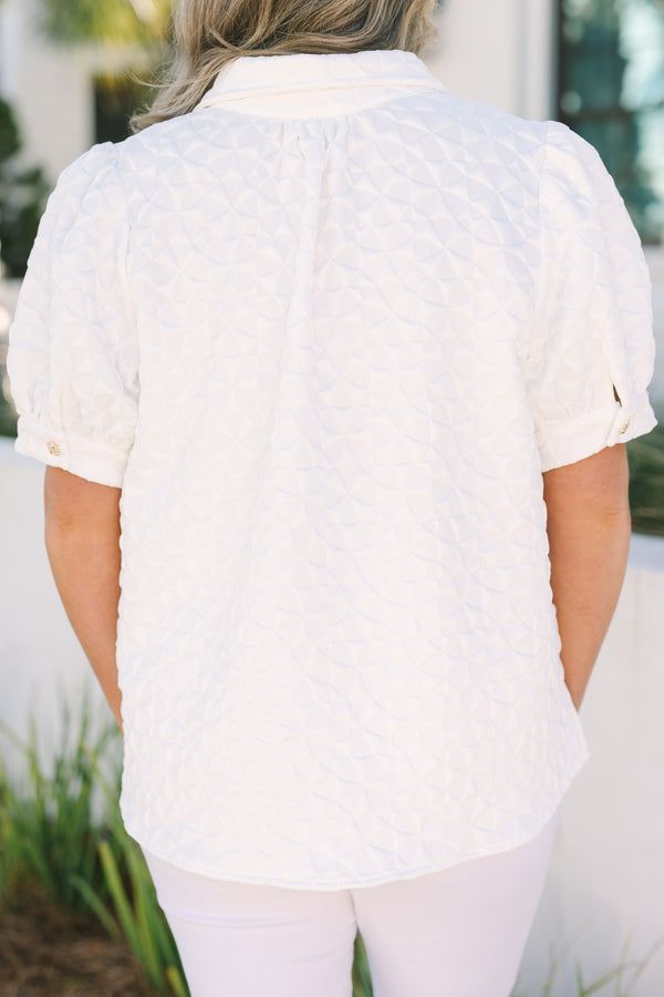 Chic Soul plus size clothing, white texture patterned short puff sleeve top with button up v neck collar
