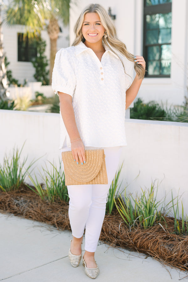 Chic Soul plus size clothing, white texture patterned short puff sleeve top with button up v neck collar

