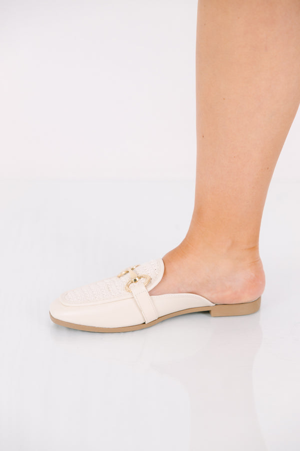 Chic Soul plus size clothing, ivory closed toe mules with an open back and a white strap going across the top of the foot with a gold buckle detail