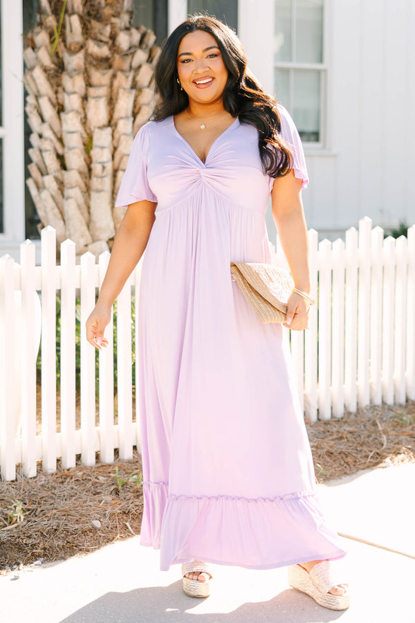 Chic Soul plus size clothing, lilac maxi dress with short flutter sleeves and twist at front