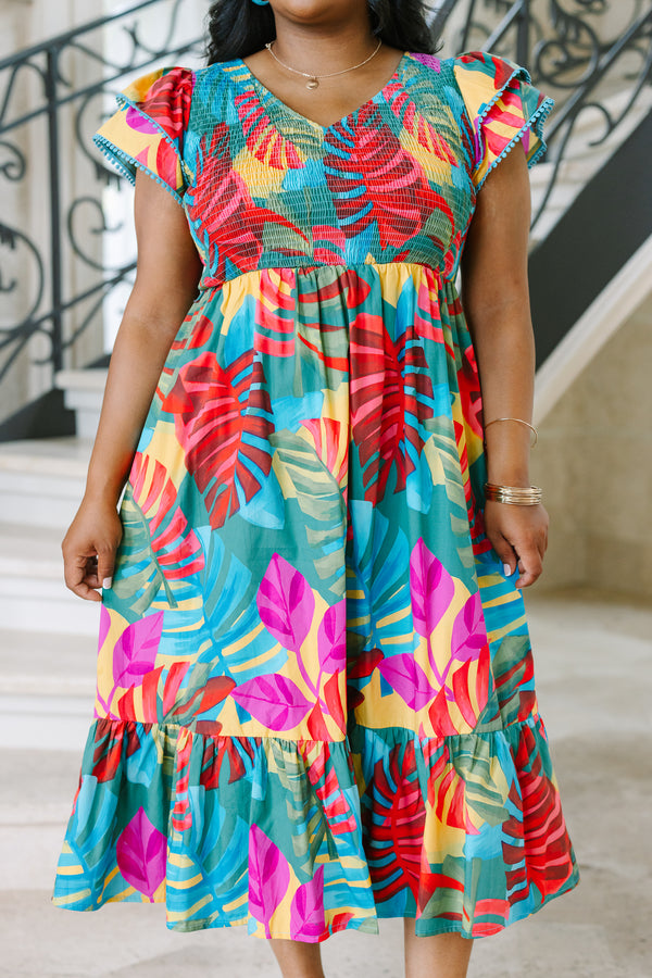 Plus Size pink tropical midi dress with a smocked bodice, flutter sleeves, and a tiered skirt.
