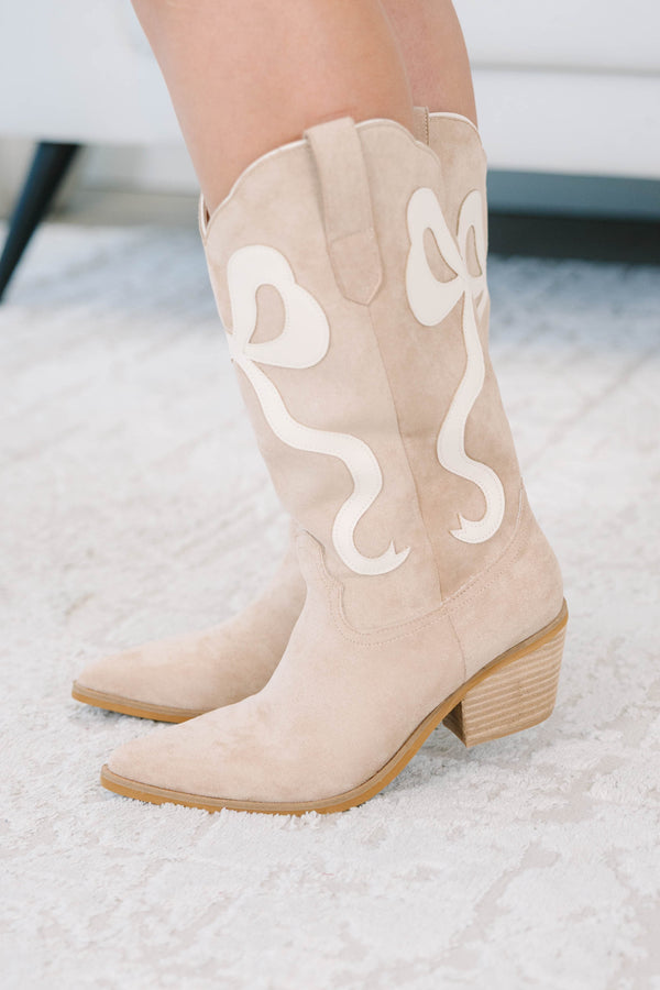 Plus Size apricot suede cowboy boots with white bow embroidery and a stacked block heel.