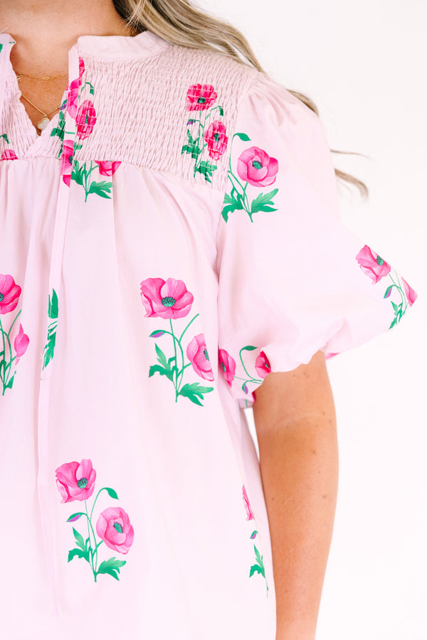 Chic Soul plus size clothing, light pink puff short sleeve top with dark pink and green flowers scattered on it with v neck cutout 