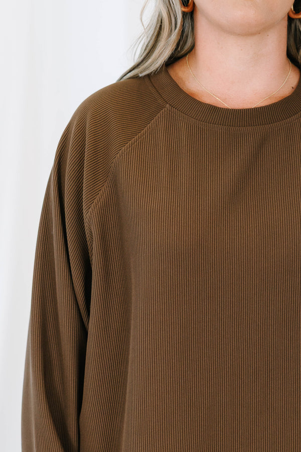 Plus size clothing, brown ribbed set with long sleeves and matching shorts