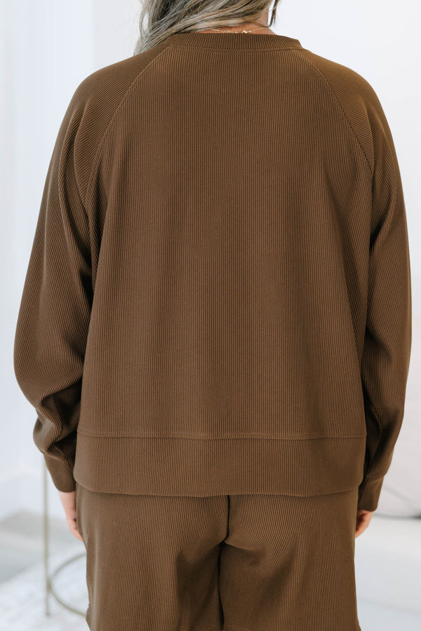 Plus size clothing, brown ribbed set with long sleeves and matching shorts