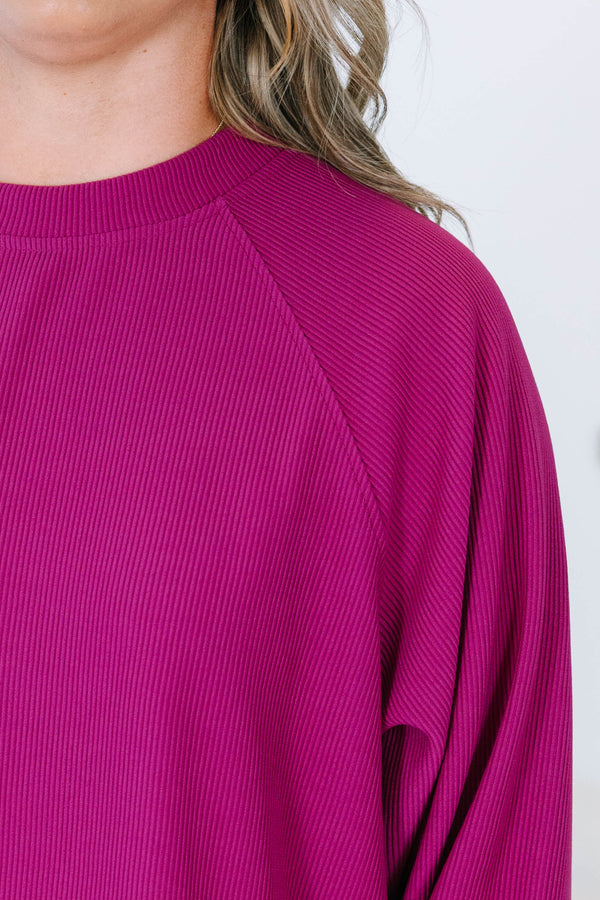 Plus size clothing, plum ribbed set with long sleeves and matching shorts