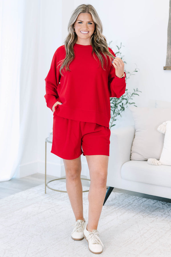 Plus size clothing, red ribbed set with long sleeves and matching shorts