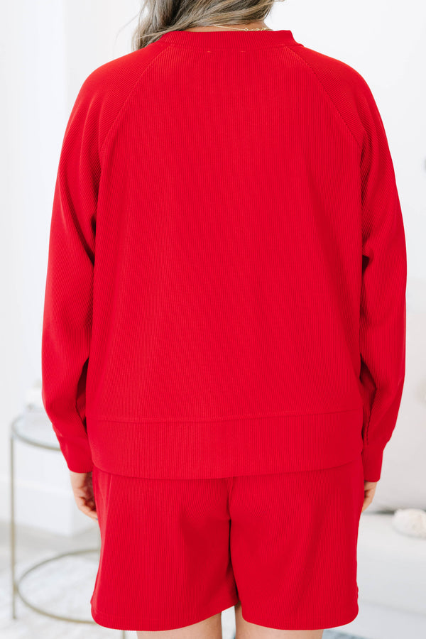 Plus size clothing, red ribbed set with long sleeves and matching shorts