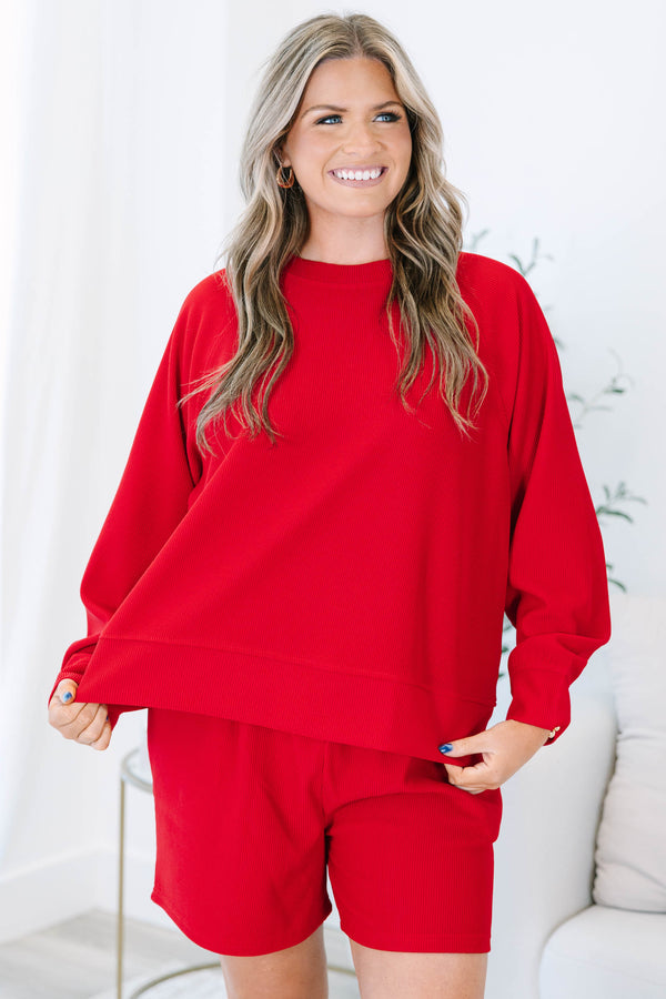 Plus size clothing, red ribbed set with long sleeves and matching shorts