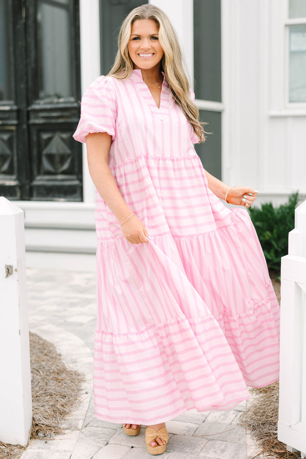 Chic Soul plus size clothing, pink tiered maxi dress with a horizontal striped pattern and bubble sleeves 