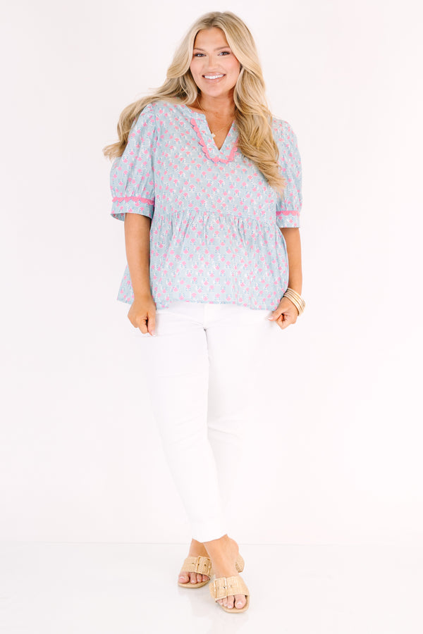 Chic Soul plus size clothing, light blue puff sleeve peplum v neck top with light pink floral print and scallop detailing on the neckline and sleeves