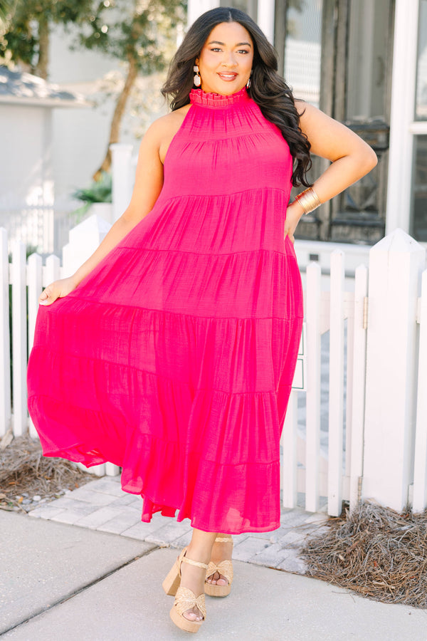 Chic Soul plus size clothing, pink halter sleeveless maxi dress with ruffle detail along neckline
