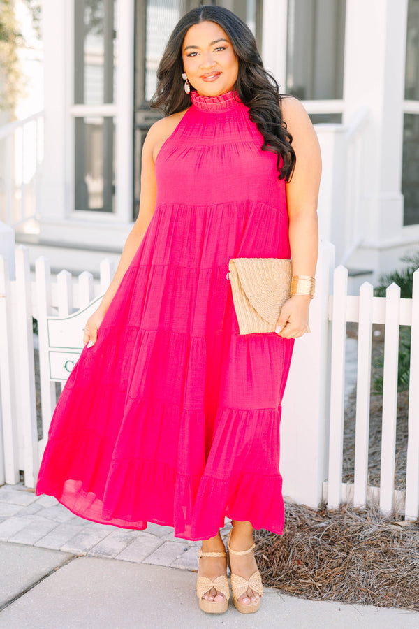 Chic Soul plus size clothing, pink halter sleeveless maxi dress with ruffle detail along neckline