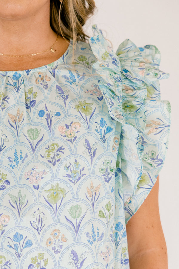 Chic Soul plus size clothing, light sage green and blue floral print top with ruffle cap sleeves