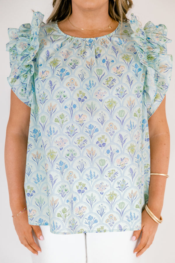 Chic Soul plus size clothing, light sage green and blue floral print top with ruffle cap sleeves