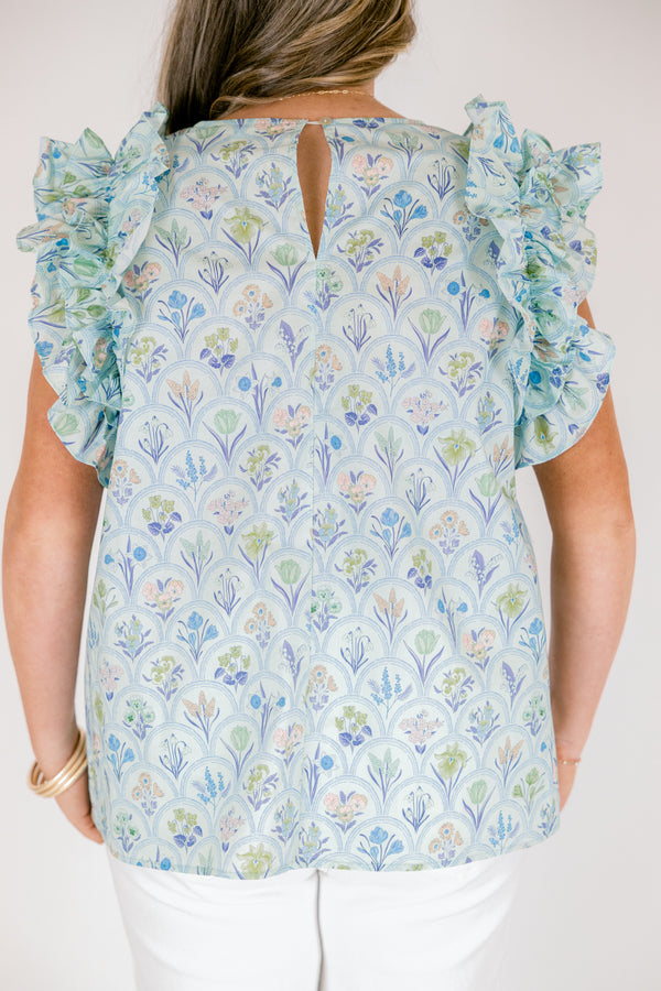 Chic Soul plus size clothing, light sage green and blue floral print top with ruffle cap sleeves