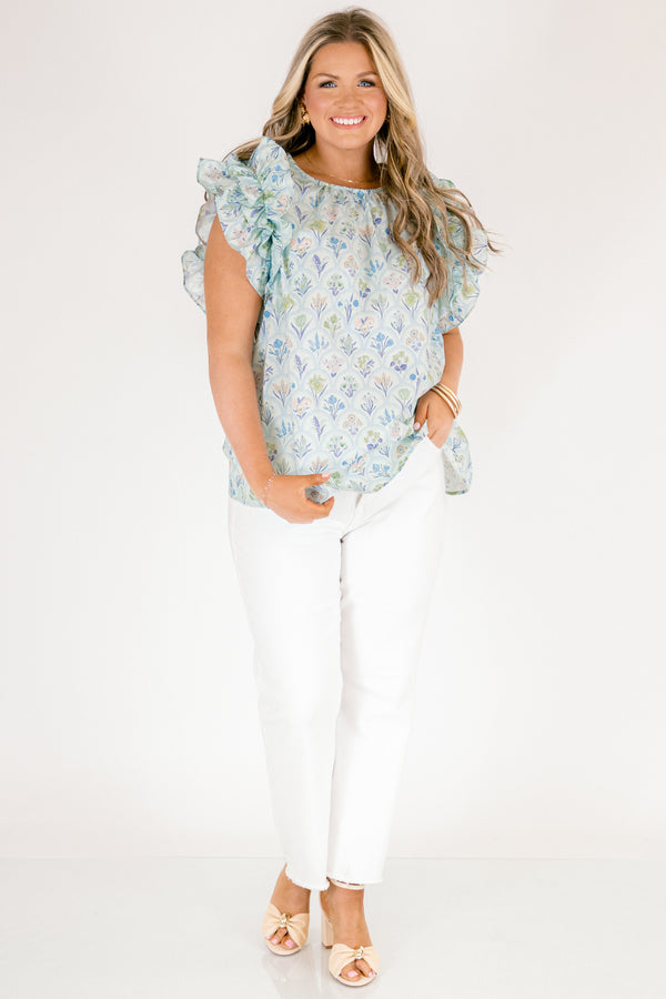 Chic Soul plus size clothing, light sage green and blue floral print top with ruffle cap sleeves