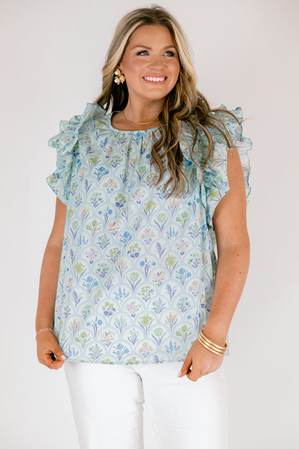 Chic Soul plus size clothing, light sage green and blue floral print top with ruffle cap sleeves