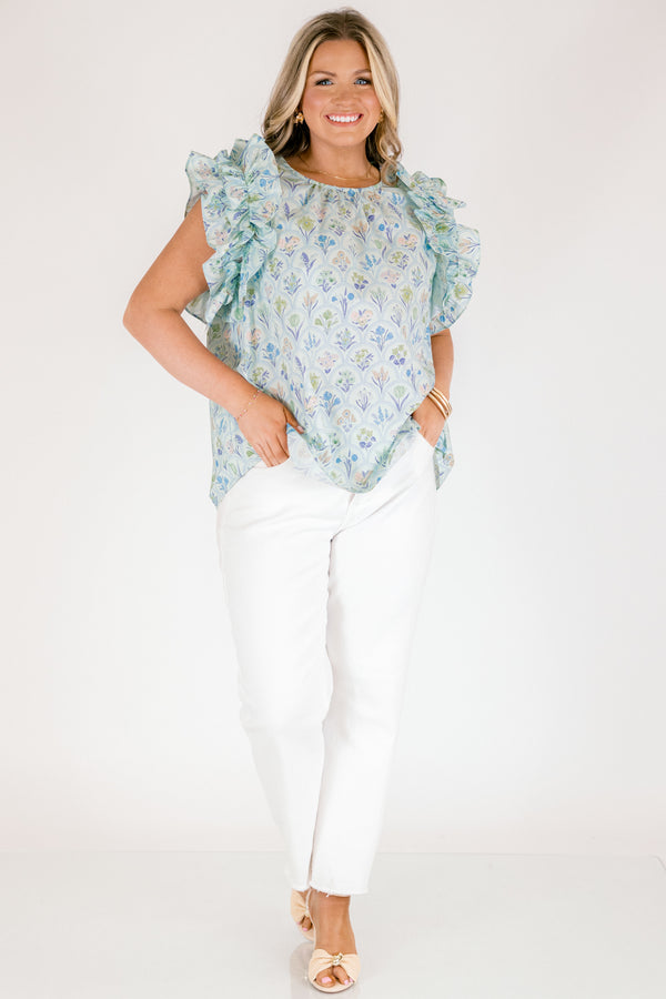 Chic Soul plus size clothing, light sage green and blue floral print top with ruffle cap sleeves