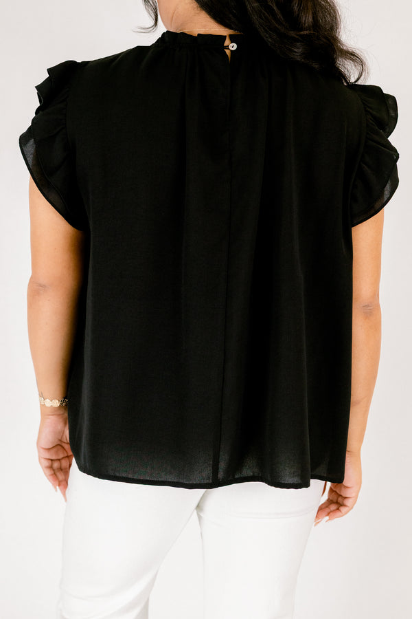   Chic Soul plus size clothing, black high neck top with flutter sleeves 