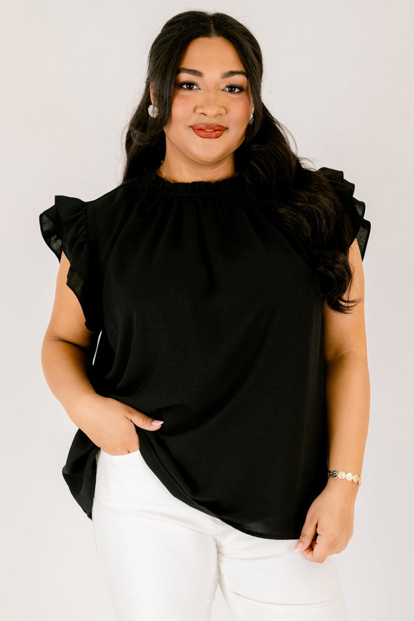   Chic Soul plus size clothing, black high neck top with flutter sleeves 
