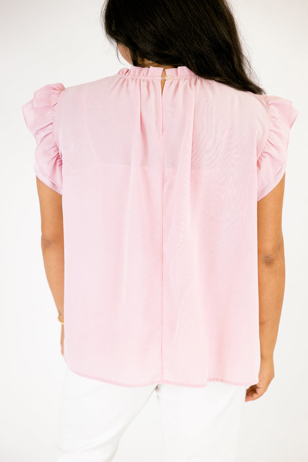 Chic Soul plus size clothing, pink silk top with flutter sleeves and ruffle detailing going around the high neck