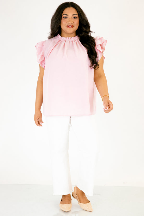 Chic Soul plus size clothing, pink silk top with flutter sleeves and ruffle detailing going around the high neck