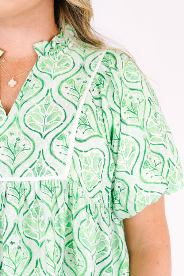 Chic Soul plus size clothing, green floral block pattern puff sleeve baby doll top with v neck cutout