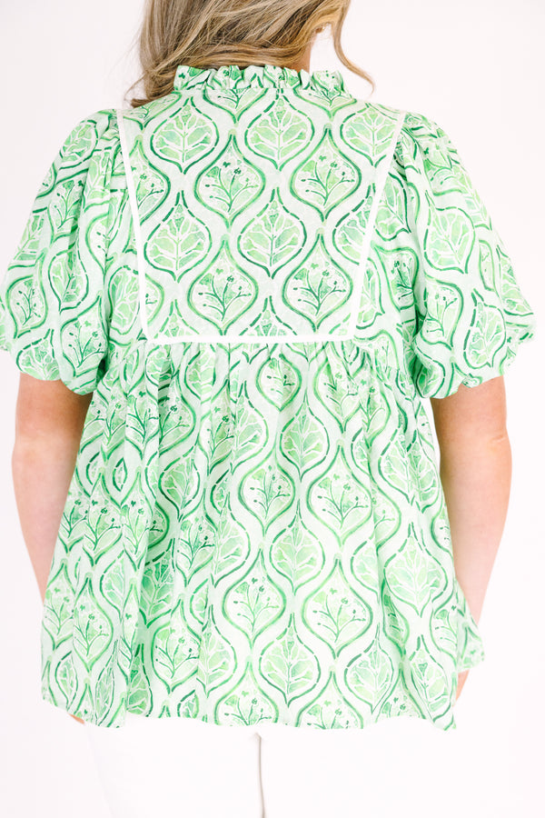 Chic Soul plus size clothing, green floral block pattern puff sleeve baby doll top with v neck cutout