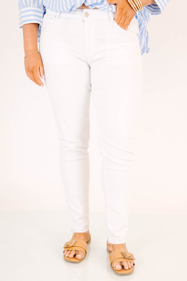 Chic Soul plus size clothing, mid-rise white skinny jeans with frayed hem