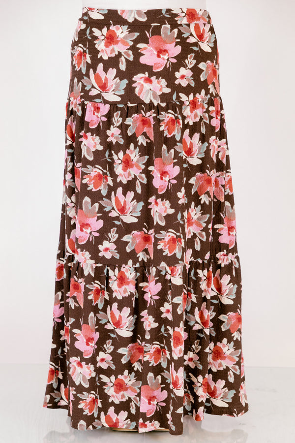 Chic Soul plus size clothing, brown tiered flowy maxi skirt with pink and red floral print