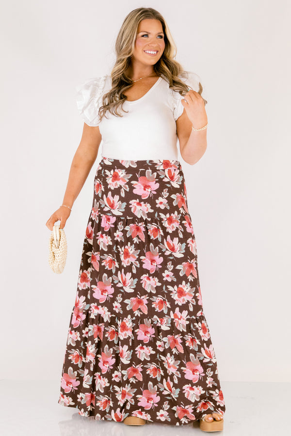 Chic Soul plus size clothing, brown tiered flowy maxi skirt with pink and red floral print