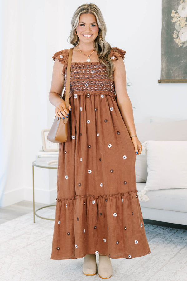 Plus size brown floral embroidered maxi dress with a smocked bodice and flutter straps.