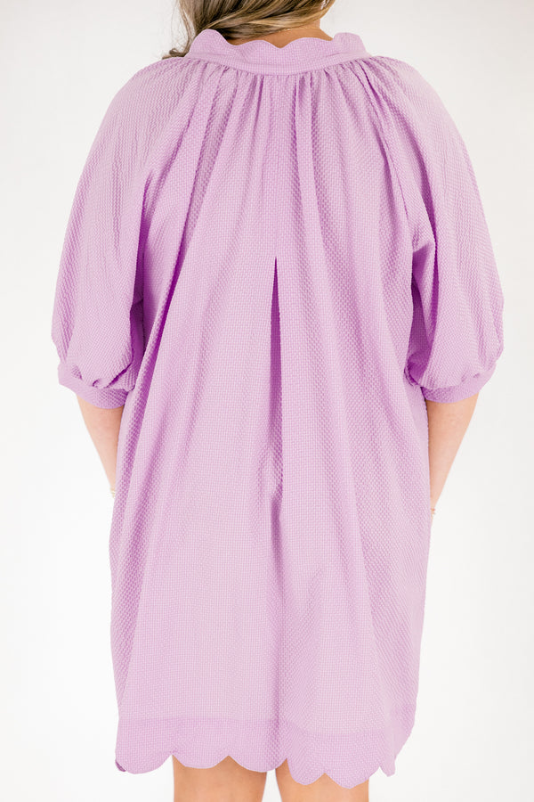 Chic Soul plus size clothing, light purple 3/4 puff sleeve baby doll dress with v neckline cutout and scalloped trim at the bottom
