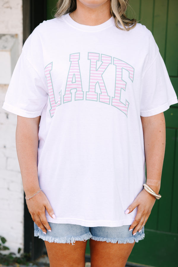 Chic Soul plus size clothing, white short sleeve graphic tee with the word Lake
