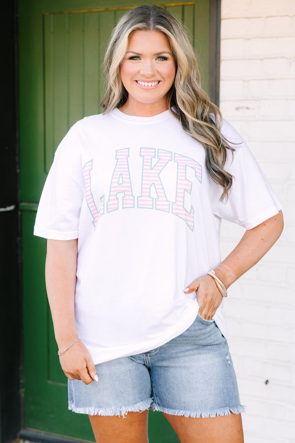Chic Soul plus size clothing, white short sleeve graphic tee with the word Lake