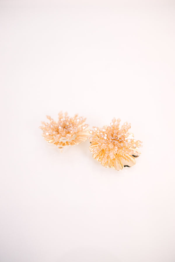 Chic Soul plus size clothing, gold statement floral earrings with a luxe textured design giving them a blooming flower silhouette