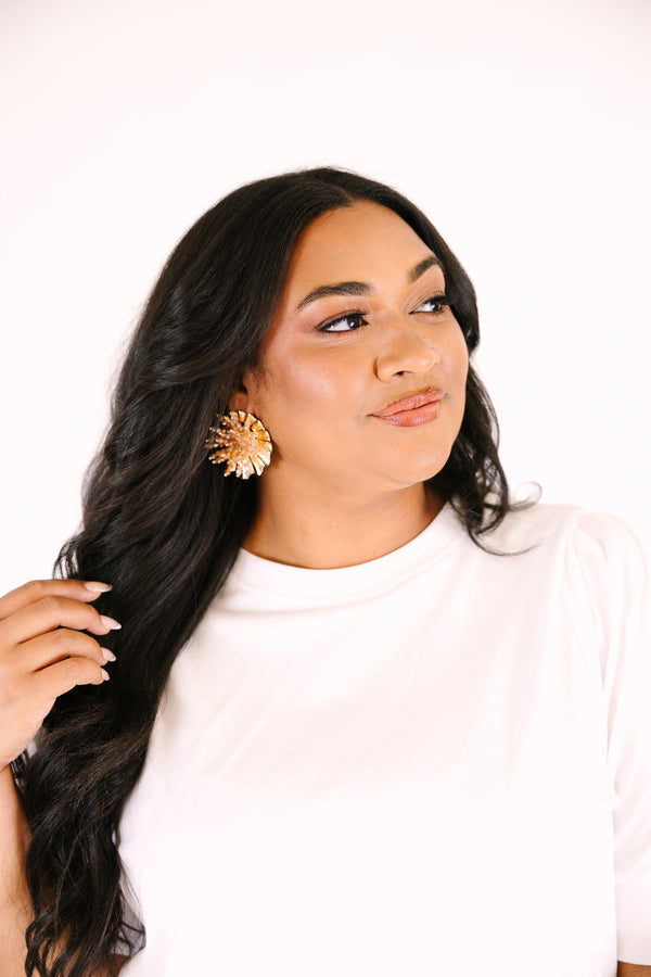 Chic Soul plus size clothing, gold statement floral earrings with a luxe textured design giving them a blooming flower silhouette