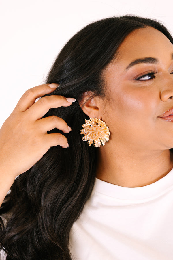 Chic Soul plus size clothing, gold statement floral earrings with a luxe textured design giving them a blooming flower silhouette