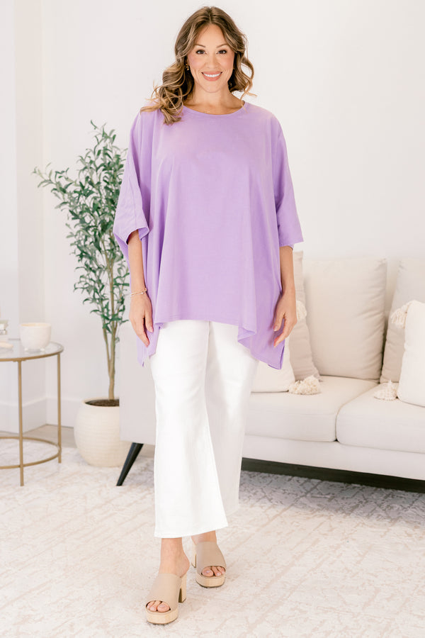 Chic Soul plus size clothing, purple flowy short sleeve tunic with a high neck 
