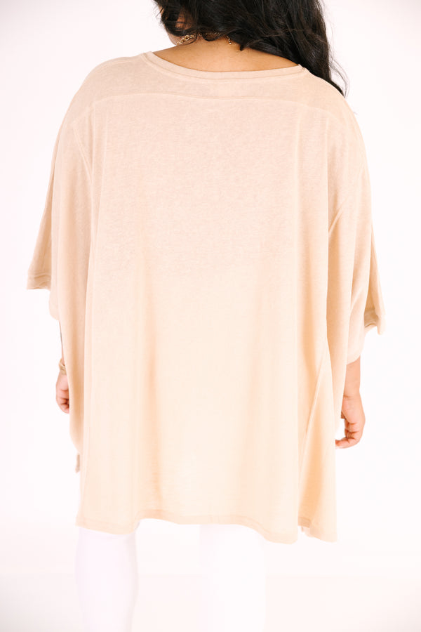 Chic Soul plus size clothing, tan flowy short sleeve tunic with a high scoop neck 