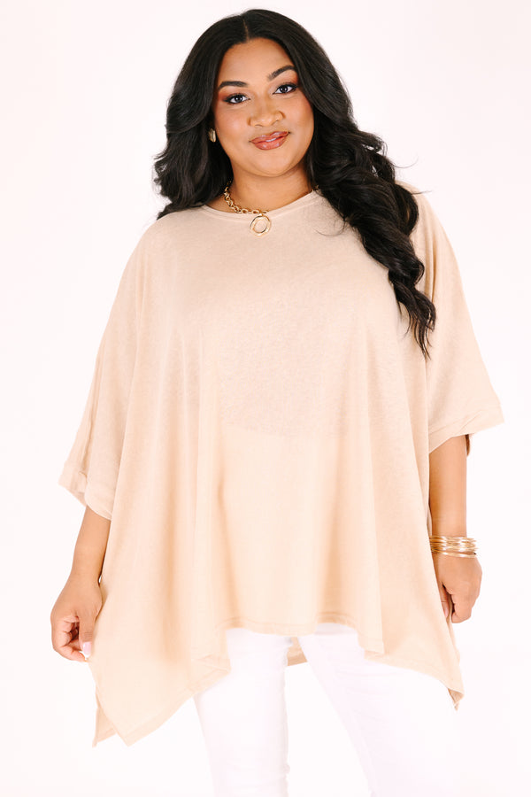 Chic Soul plus size clothing, tan flowy short sleeve tunic with a high scoop neck 