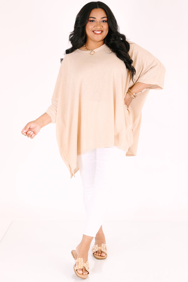 Chic Soul plus size clothing, tan flowy short sleeve tunic with a high scoop neck 