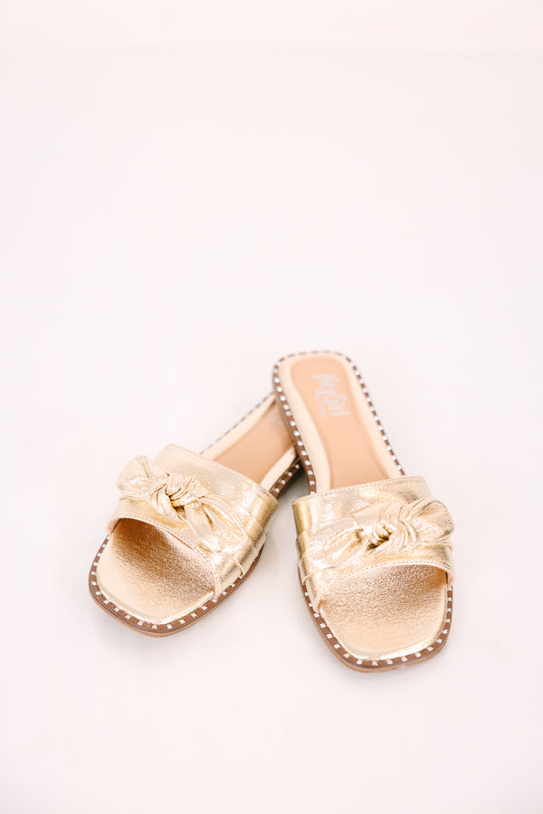 Chic Soul plus size clothing, gold flat sandals with open toe, twist bow detail and studded border