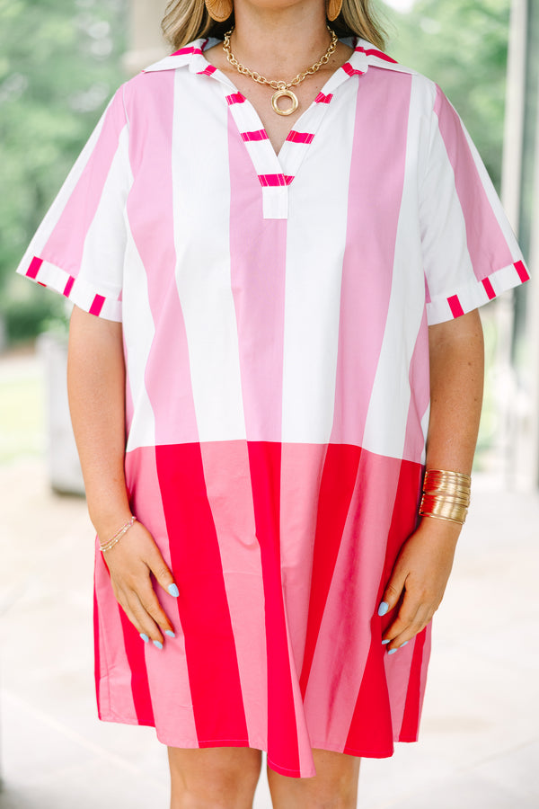 Plus Size pink, white, and red vertical striped cotton mini dress with a v-neck collar.
