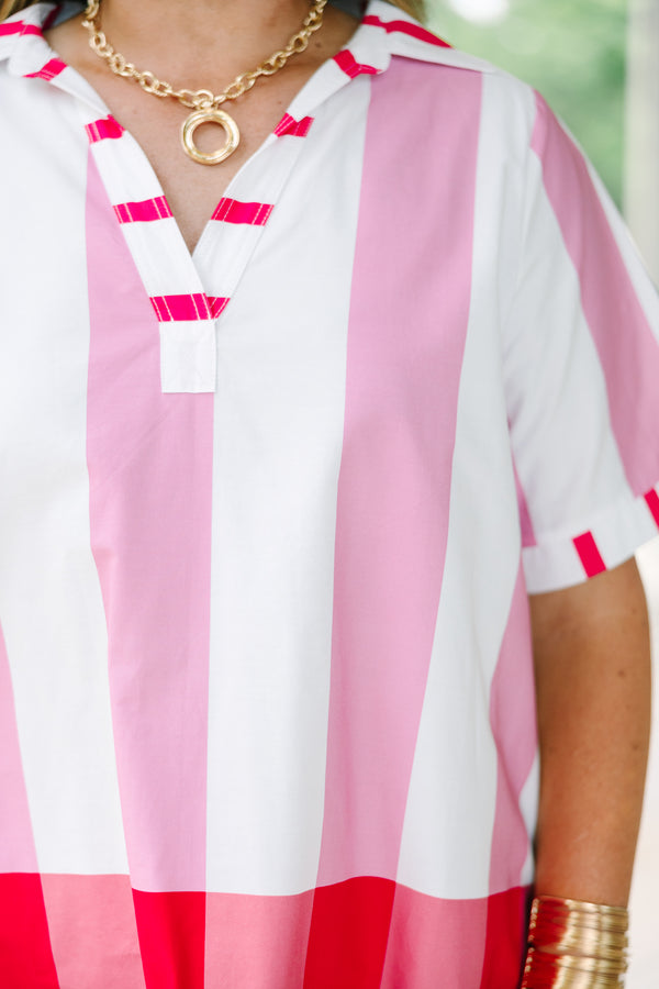 Plus Size pink, white, and red vertical striped cotton mini dress with a v-neck collar.