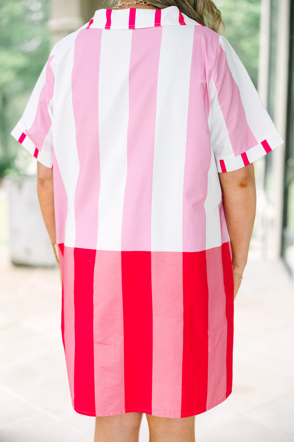 Plus Size pink, white, and red vertical striped cotton mini dress with a v-neck collar.
